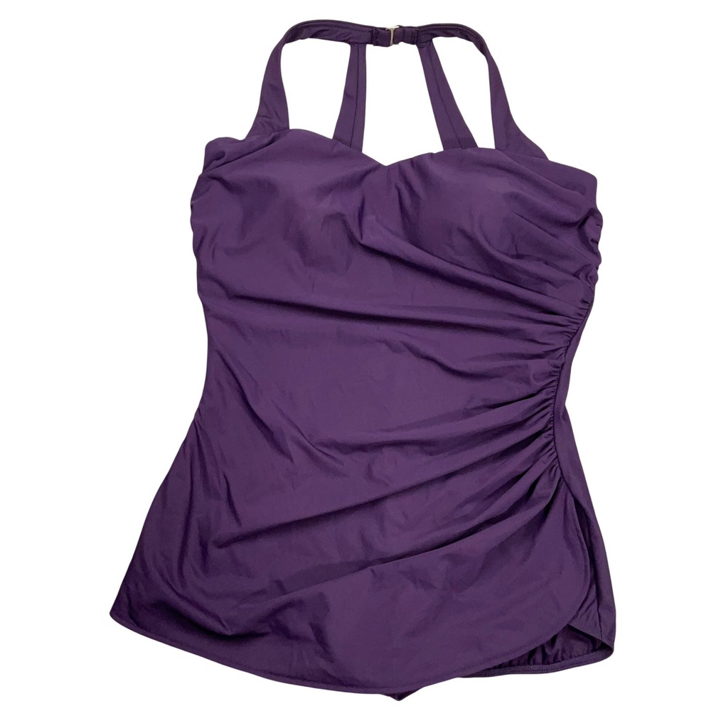 Lands' End 1 Pc Swimsuit Women 16 DD Purple Draped Ruched Draped Halter